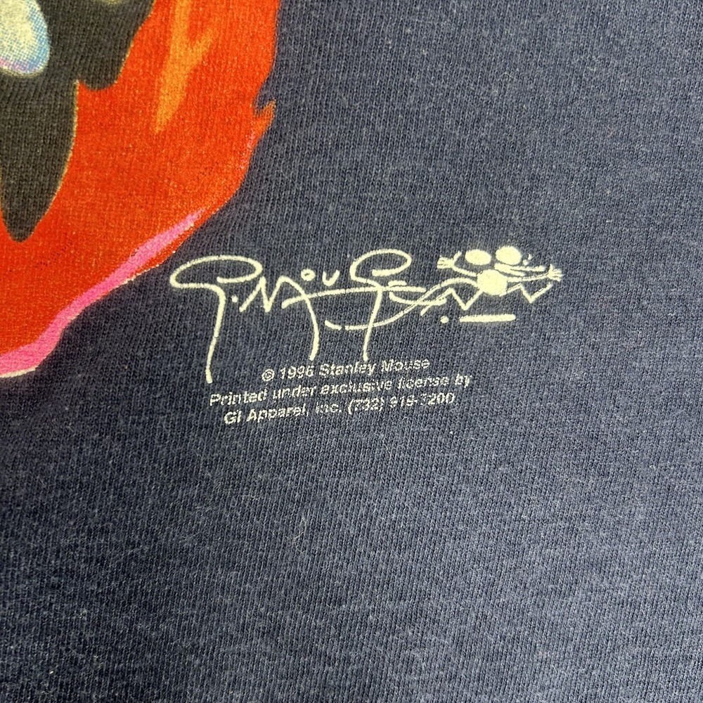 Vintage 90s Stanley Mouse T shirt Mens L Blue 1996 Eric Clapton Flaming Guitar - Picture 11 of 12